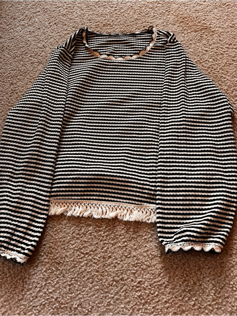 Striped Black and White Fringe Hem Sweater Top